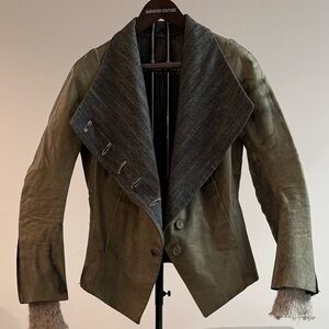 Isaac Sellam Elegant Olive Leather Jacket with Unique Button Design